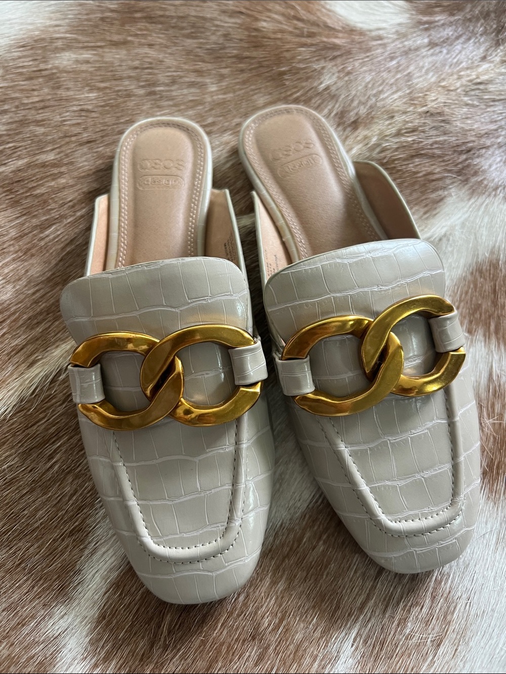ASOS Croc-Embossed Cream Slide Mules with Gold Chain
